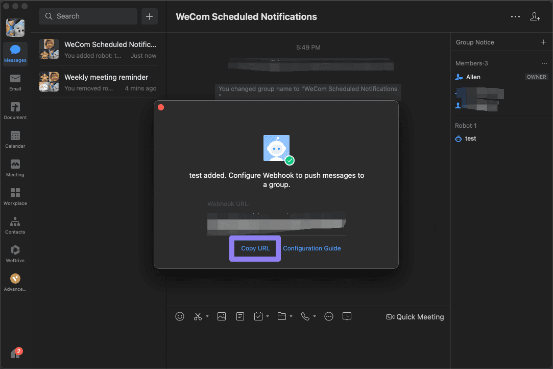 Diagram for copying the Webhook URL of the WeCom group robot