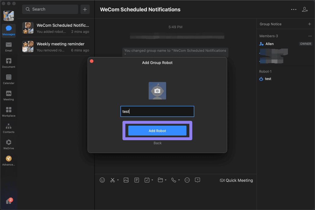Diagram for creating a WeCom group robot2