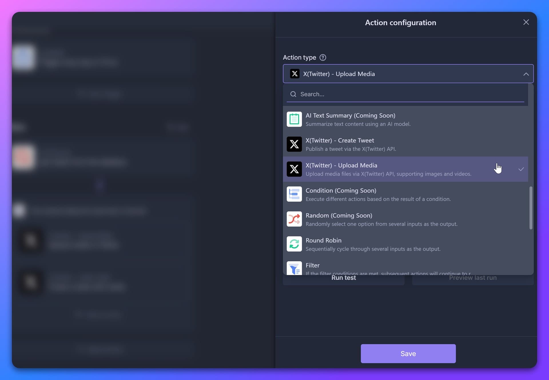 Selecting the Upload Media action