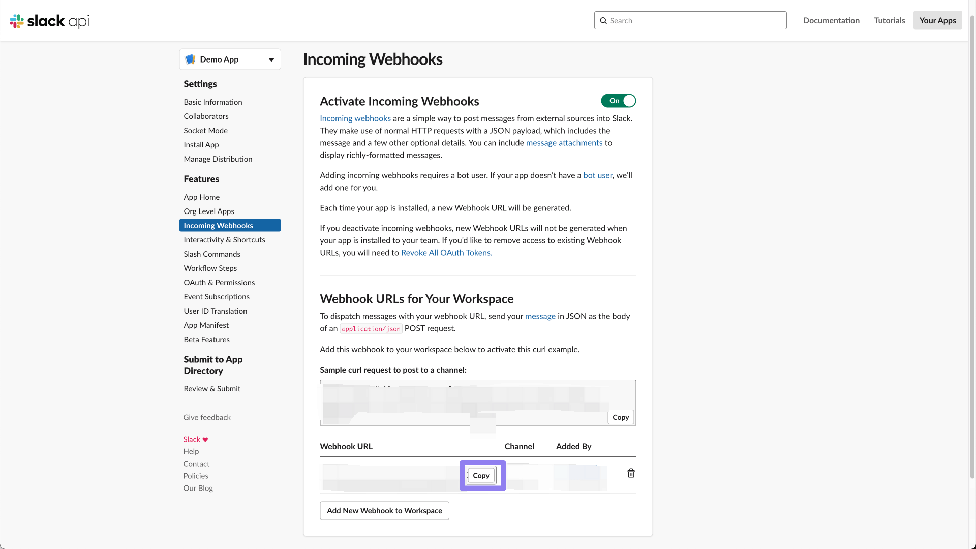 Incoming Webhook をコピーする