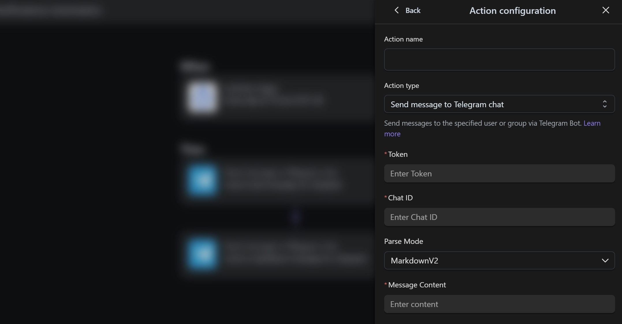 Configuration interface illustration for the "Send Message to Telegram Chat" action