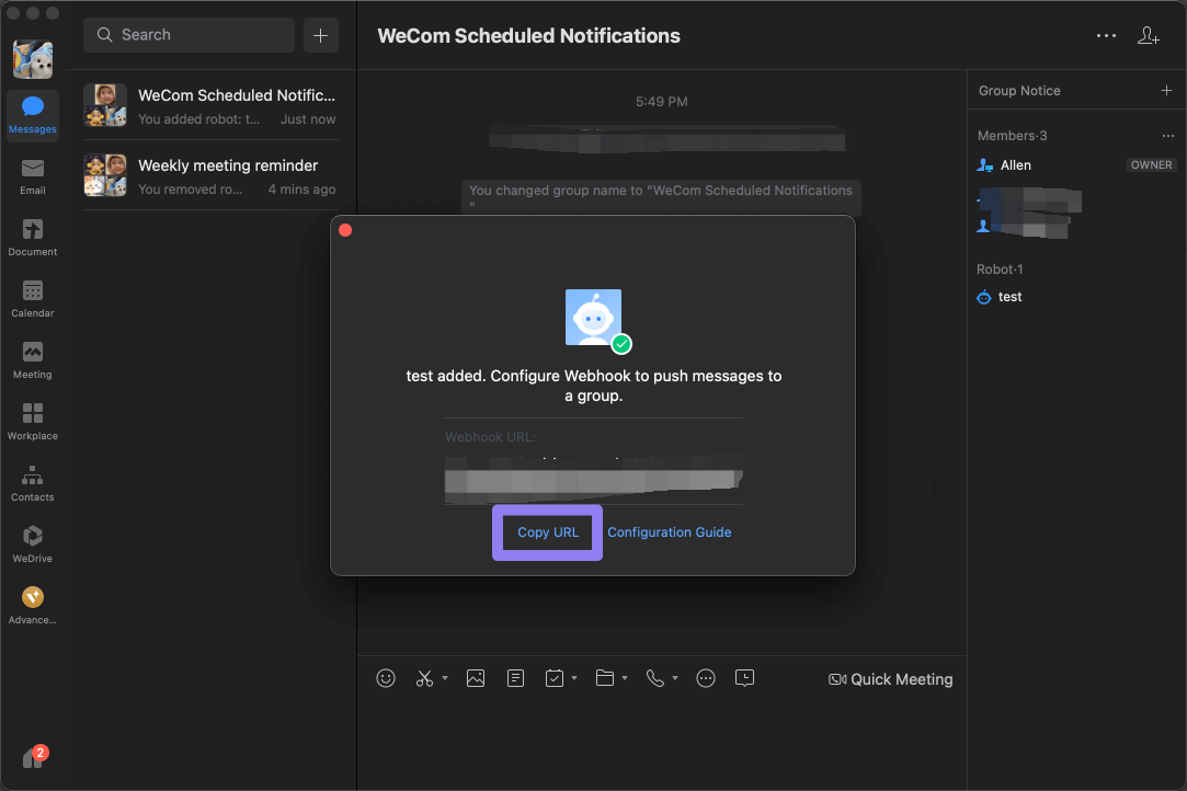 Diagram for copying the Webhook URL of the WeCom group robot