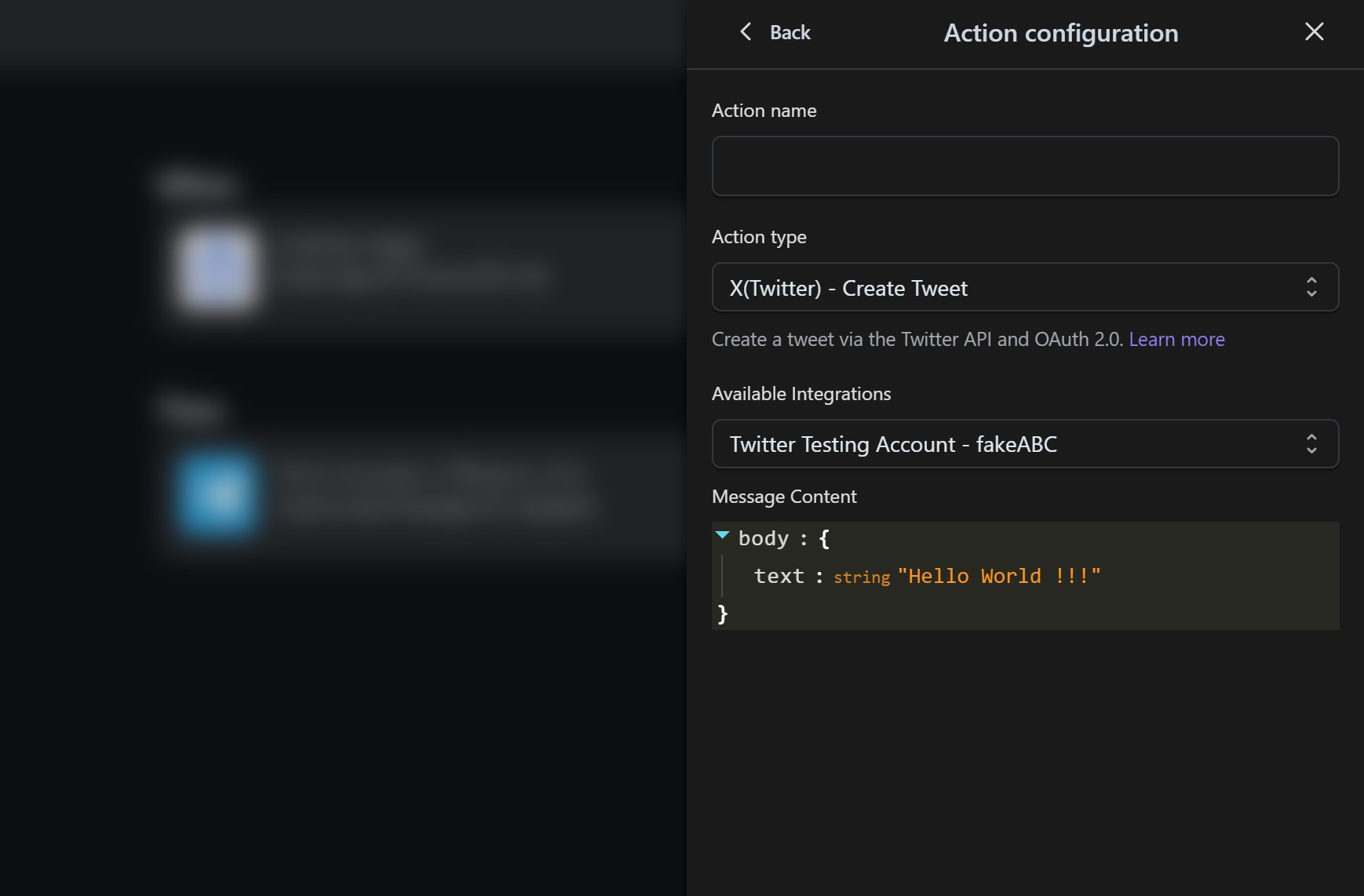 Action configuration interface for creating a Twitter tweet