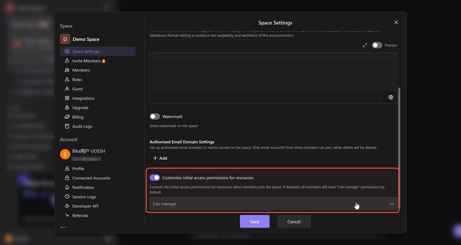 Resource Permissions area in Space Settings