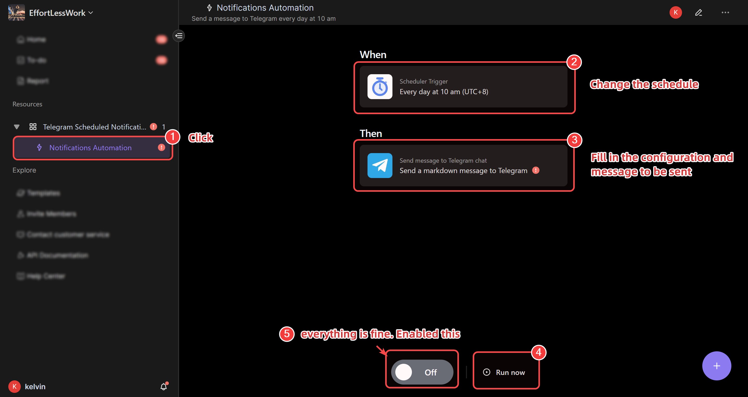 Steps to use the Telegram scheduled reminders template